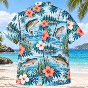 Back view of Hibiscus Freshwater Fishing Hawaiian Shirt with matching freshwater fishing artwork in aqua blue, white, coral, navy