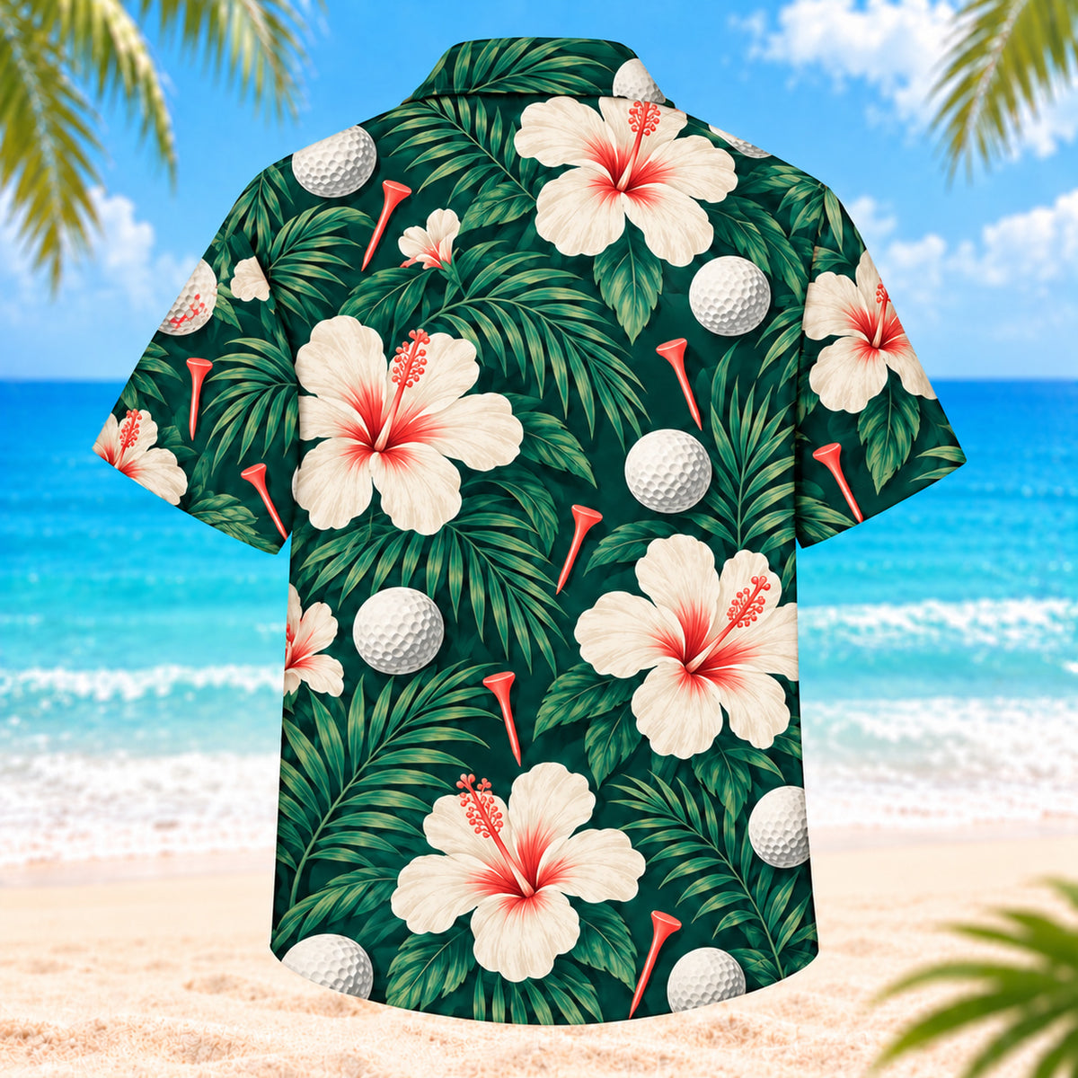 Back view of Hibiscus Golf Balls Hawaiian Shirt showing large hibiscus flowers, golf balls, palm fronds, subtle tee silhouettes