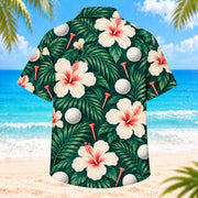 Back view of Hibiscus Golf Balls Hawaiian Shirt showing large hibiscus flowers, golf balls, palm fronds, subtle tee silhouettes