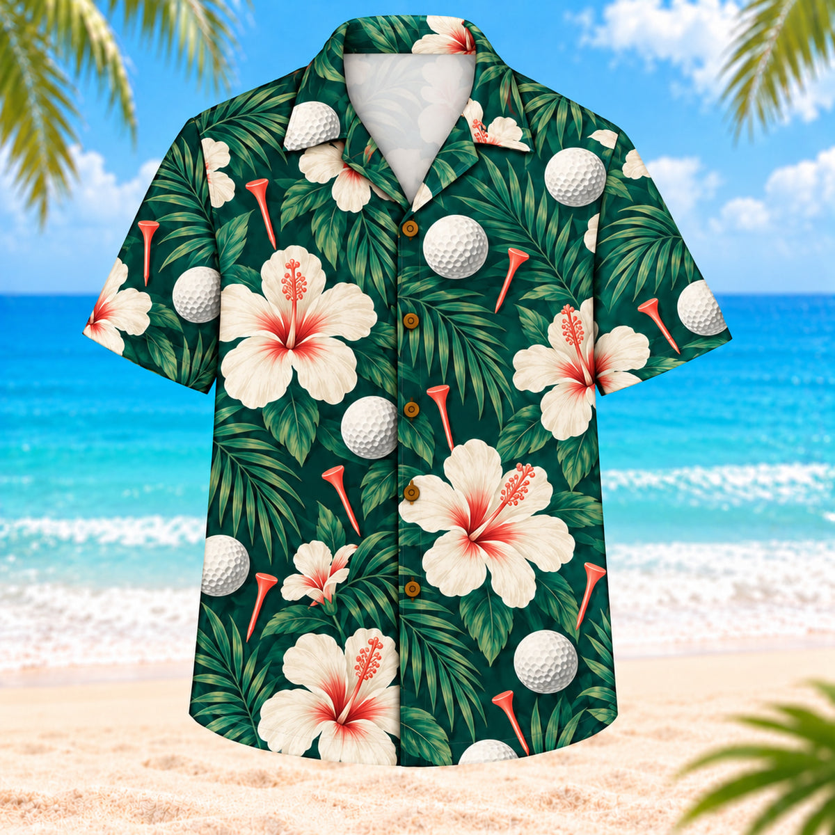 Front view of Hibiscus Golf Balls Hawaiian Shirt showing large hibiscus flowers, golf balls, palm fronds, subtle tee silhouettes