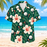Front view of Hibiscus Golf Balls Hawaiian Shirt showing large hibiscus flowers, golf balls, palm fronds, subtle tee silhouettes