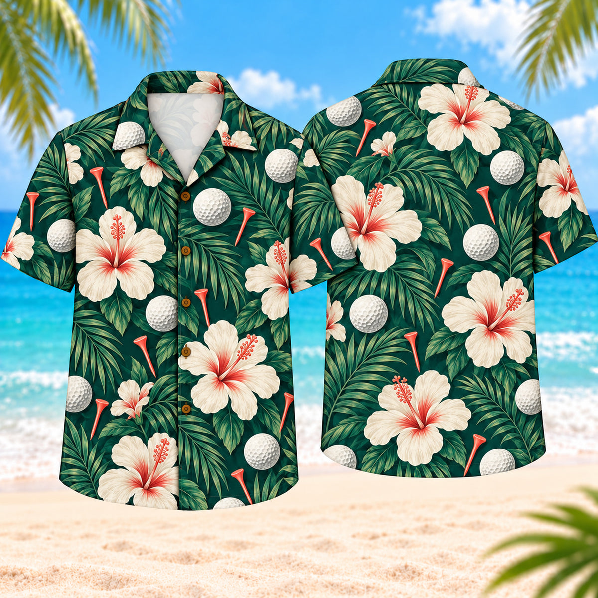Hibiscus Golf Balls Hawaiian Shirt, front and back views on a beach background with large hibiscus flowers, golf balls, palm fronds, subtle tee silhouettes