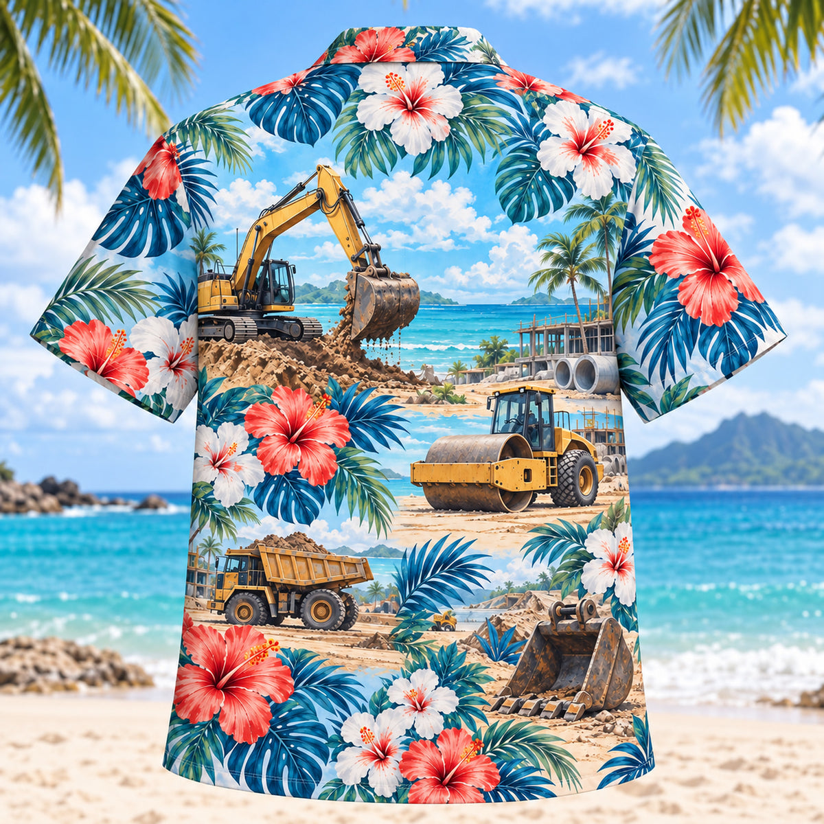 Back view of Hibiscus Heavy Equipment Operator Hawaiian Shirt with matching heavy equipment operator artwork in aqua blue, white, coral, navy