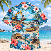 Back view of Hibiscus Heavy Equipment Operator Hawaiian Shirt with matching heavy equipment operator artwork in aqua blue, white, coral, navy
