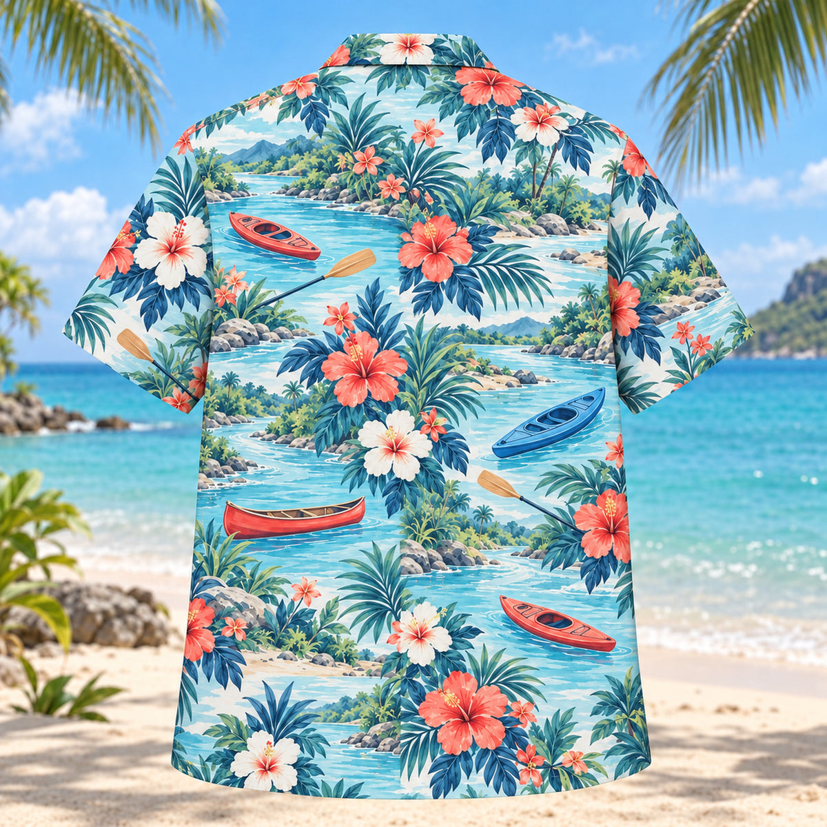 Back view of Hibiscus Kayak and Canoe Hawaiian Shirt with matching kayak and canoe artwork in aqua blue, white, coral, navy