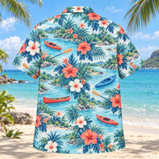 Back view of Hibiscus Kayak and Canoe Hawaiian Shirt with matching kayak and canoe artwork in aqua blue, white, coral, navy