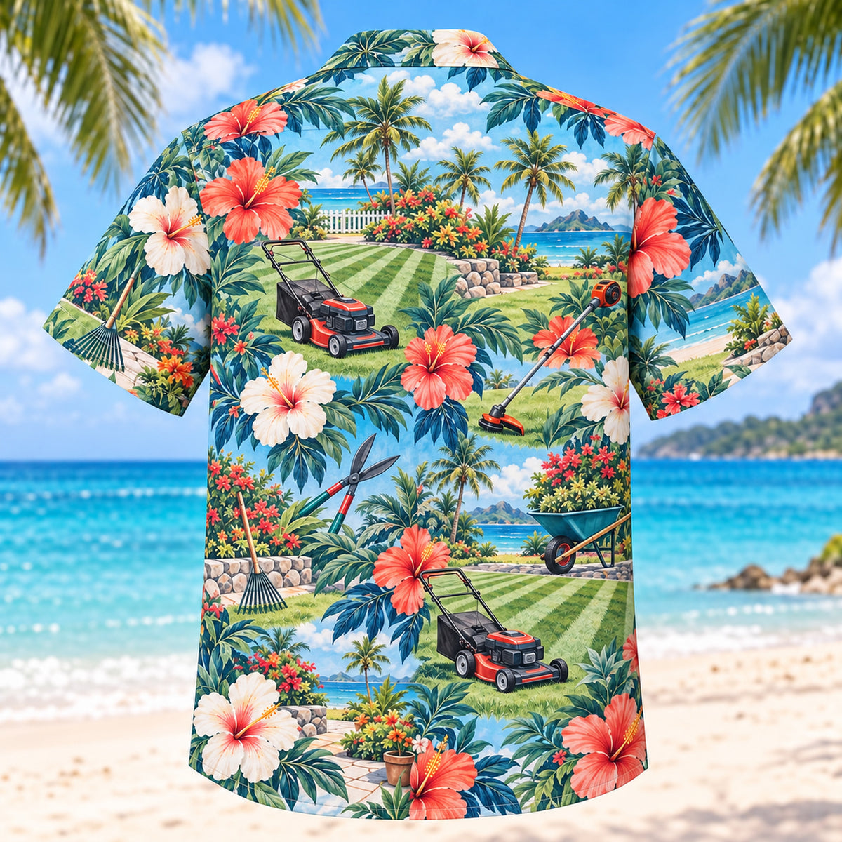 Back view of Hibiscus Landscaper Hawaiian Shirt with matching landscaper artwork in aqua blue, white, coral, navy