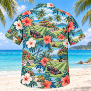 Back view of Hibiscus Landscaper Hawaiian Shirt with matching landscaper artwork in aqua blue, white, coral, navy