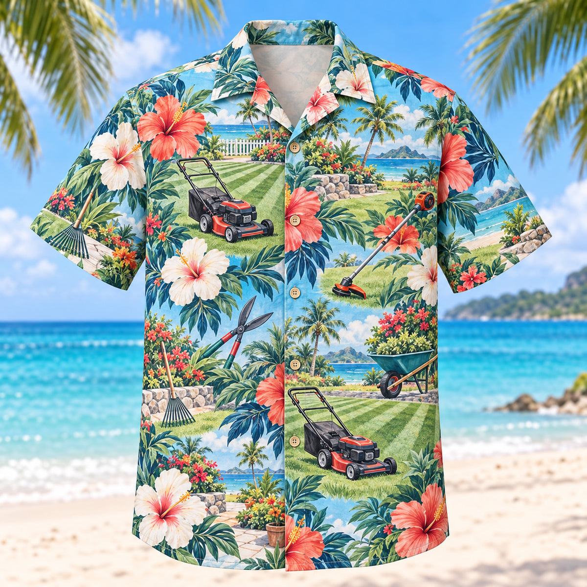 Front view of Hibiscus Landscaper Hawaiian Shirt with original hibiscus blooms framing generic lawn mowers, freshly cut turf stripes, trimming tools and original garden scenes