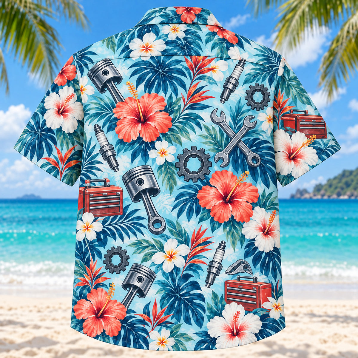 Back view of Hibiscus Mechanic Hawaiian Shirt with matching mechanic artwork in aqua blue, white, coral, navy