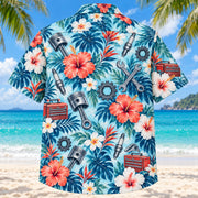 Back view of Hibiscus Mechanic Hawaiian Shirt with matching mechanic artwork in aqua blue, white, coral, navy