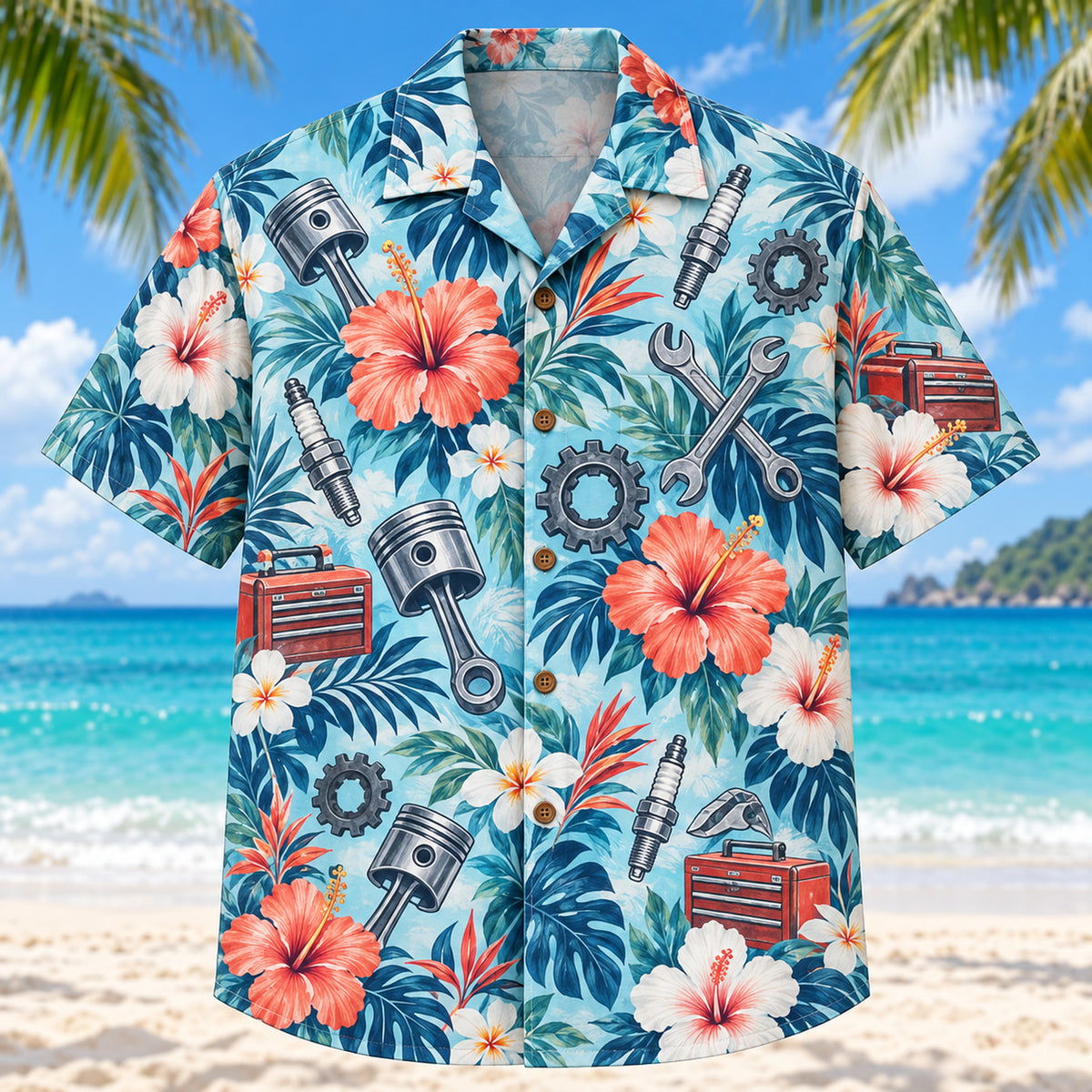 Front view of Hibiscus Mechanic Hawaiian Shirt with original hibiscus blooms framing generic pistons, spark plugs, wrenches, toolboxes and gears