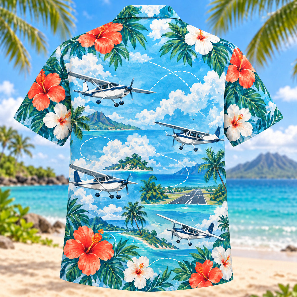 Back view of Hibiscus Pilot and Aviation Hawaiian Shirt with matching pilot and aviation artwork in aqua blue, white, coral, navy