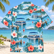 Back view of Hibiscus Pontoon Boating Hawaiian Shirt with matching pontoon boating artwork in aqua blue, white, coral, navy