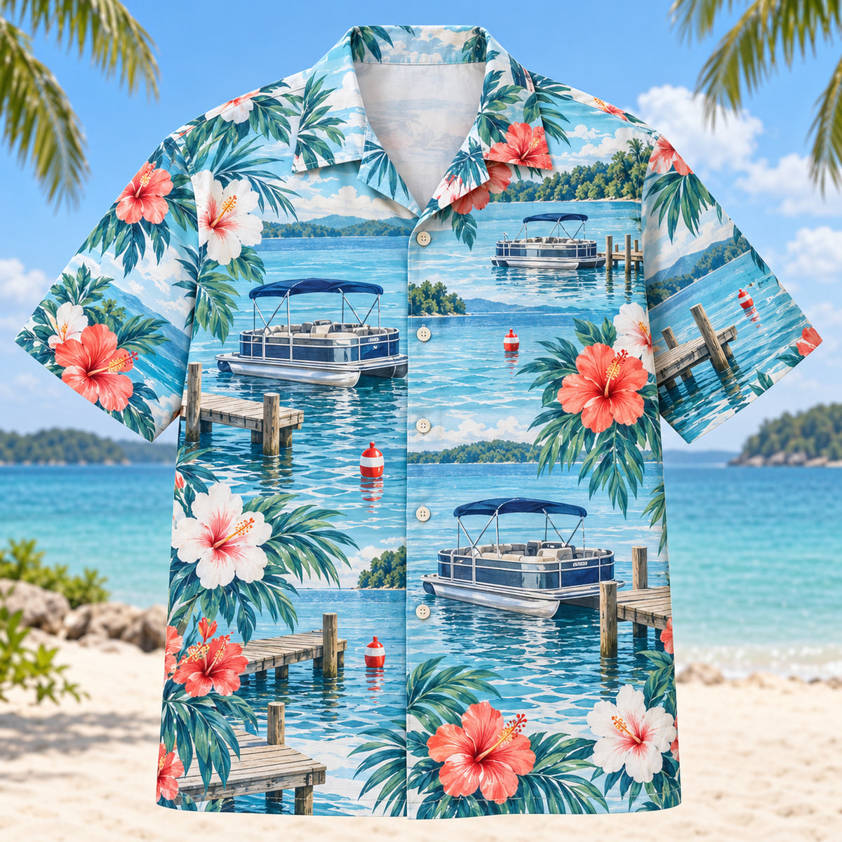 Hibiscus Pontoon Boating Hawaiian Shirt