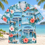 Front view of Hibiscus Pontoon Boating Hawaiian Shirt with original hibiscus blooms framing generic pontoon boats, lake docks, buoys and calm-water ripples
