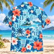 Back view of Hibiscus Programmer Hawaiian Shirt with matching programmer artwork in aqua blue, white, coral, navy