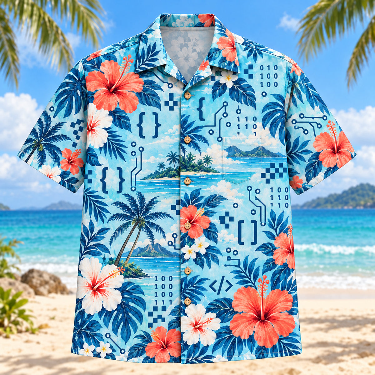Front view of Hibiscus Programmer Hawaiian Shirt with original hibiscus blooms framing original brackets, readable self-written pseudocode, binary patterns, pixels and invented debugging symbols