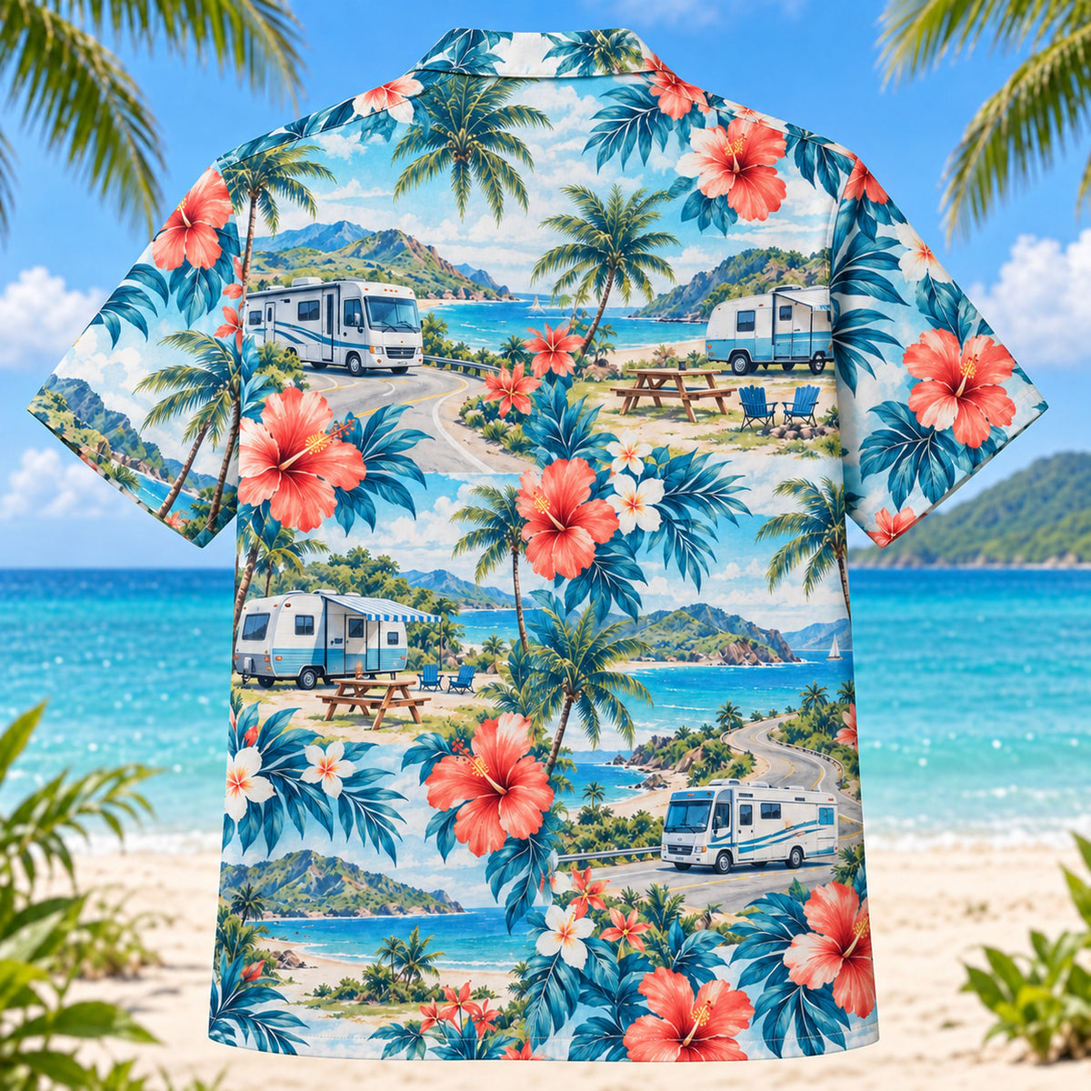 Back view of Hibiscus RV and Travel Trailer Hawaiian Shirt with matching rv and travel trailer artwork in aqua blue, white, coral, navy