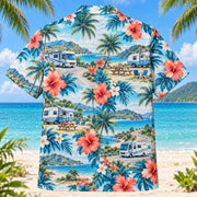 Back view of Hibiscus RV and Travel Trailer Hawaiian Shirt with matching rv and travel trailer artwork in aqua blue, white, coral, navy