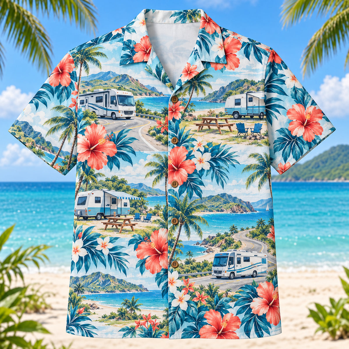 Front view of Hibiscus RV and Travel Trailer Hawaiian Shirt with original hibiscus blooms framing imaginary RVs and travel trailers, open roads, hills and picnic furniture