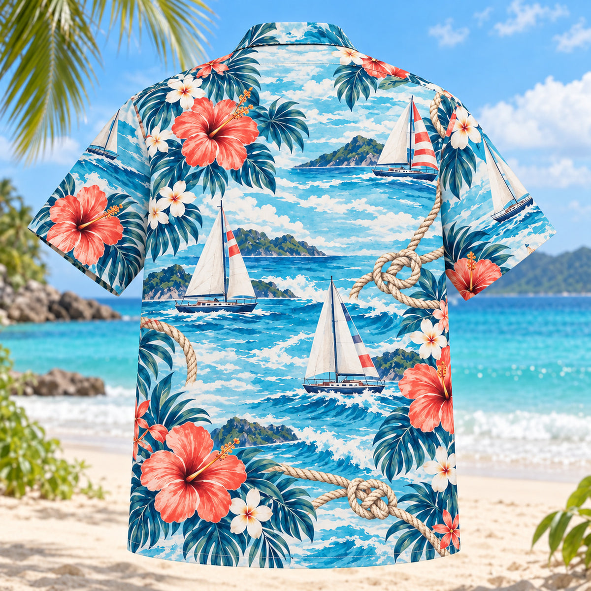 Back view of Hibiscus Sailing Hawaiian Shirt with matching sailing artwork in aqua blue, white, coral, navy
