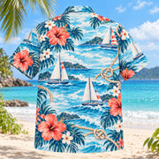 Back view of Hibiscus Sailing Hawaiian Shirt with matching sailing artwork in aqua blue, white, coral, navy