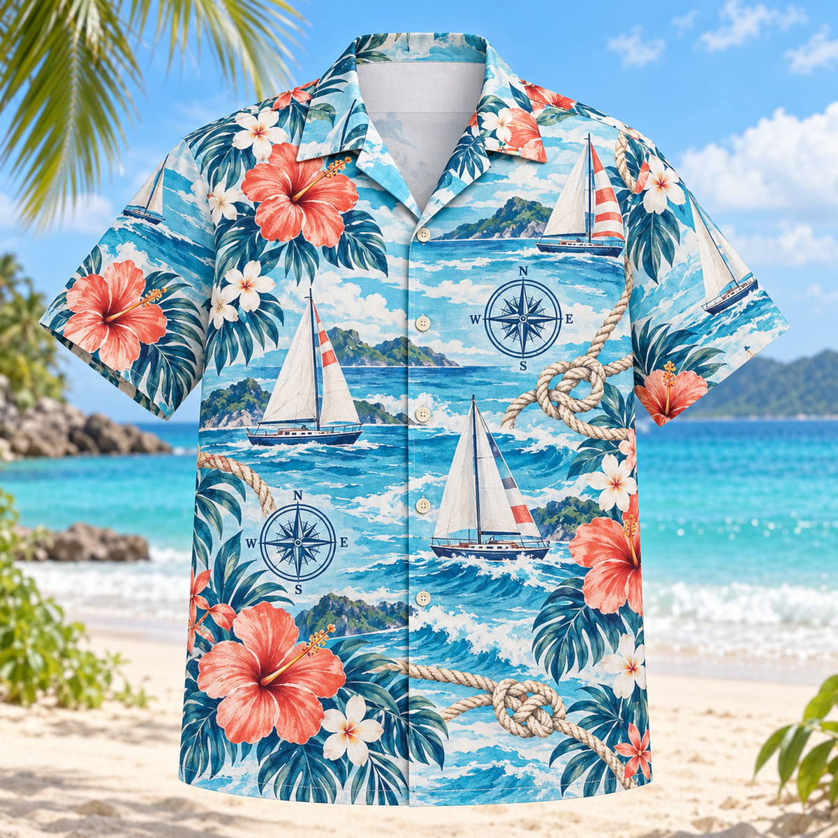 Front view of Hibiscus Sailing Hawaiian Shirt with original hibiscus blooms framing imaginary sailboats, knots, compasses and wave forms