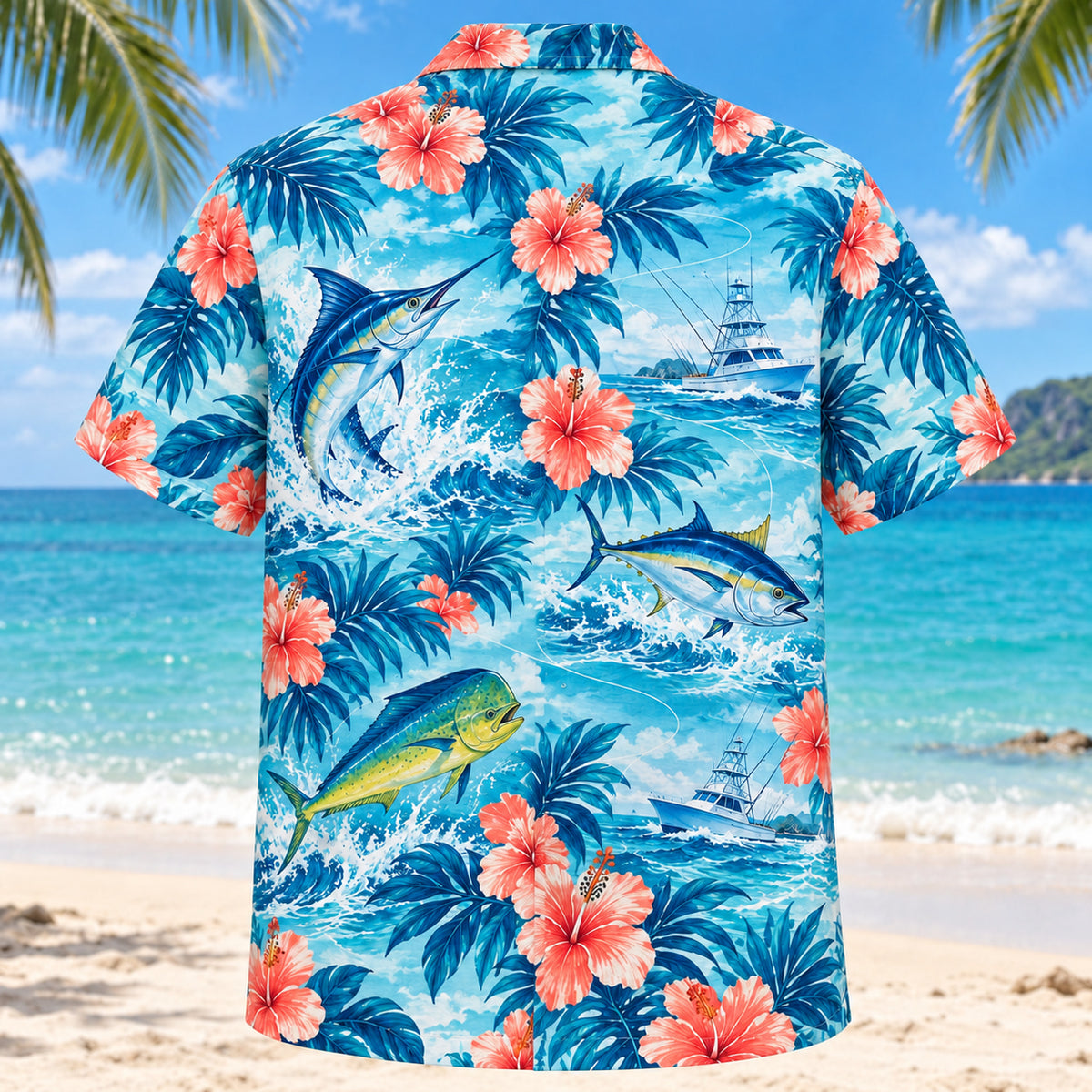 Back view of Hibiscus Saltwater Fishing Hawaiian Shirt with matching saltwater fishing artwork in aqua blue, white, coral, navy