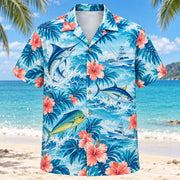 Front view of Hibiscus Saltwater Fishing Hawaiian Shirt with original hibiscus blooms framing original marlin, tuna and mahi-mahi silhouettes, fishing lines and imaginary offshore boats