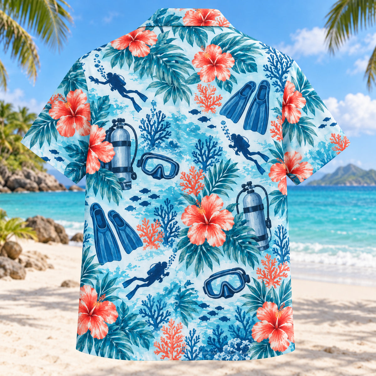 Back view of Hibiscus Scuba Diving Hawaiian Shirt with matching scuba diving artwork in aqua blue, white, coral, navy