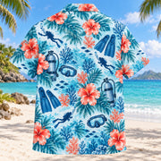 Back view of Hibiscus Scuba Diving Hawaiian Shirt with matching scuba diving artwork in aqua blue, white, coral, navy