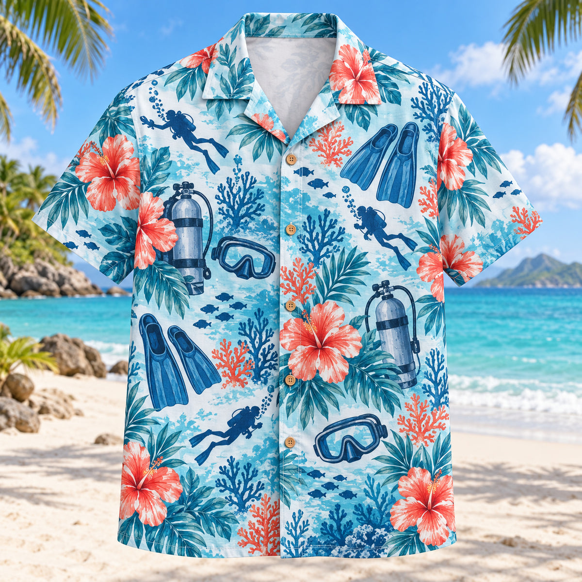 Front view of Hibiscus Scuba Diving Hawaiian Shirt with original hibiscus blooms framing generic masks, fins, air tanks, small diver silhouettes and original coral forms