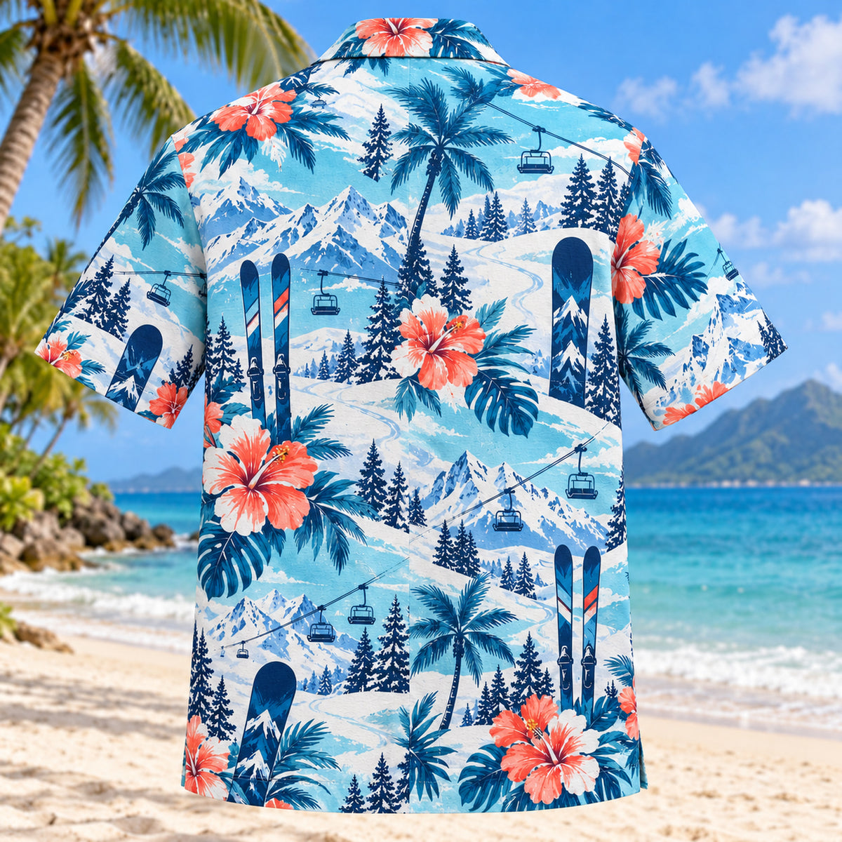 Back view of Hibiscus Ski and Snowboard Hawaiian Shirt with matching ski and snowboard artwork in aqua blue, white, coral, navy