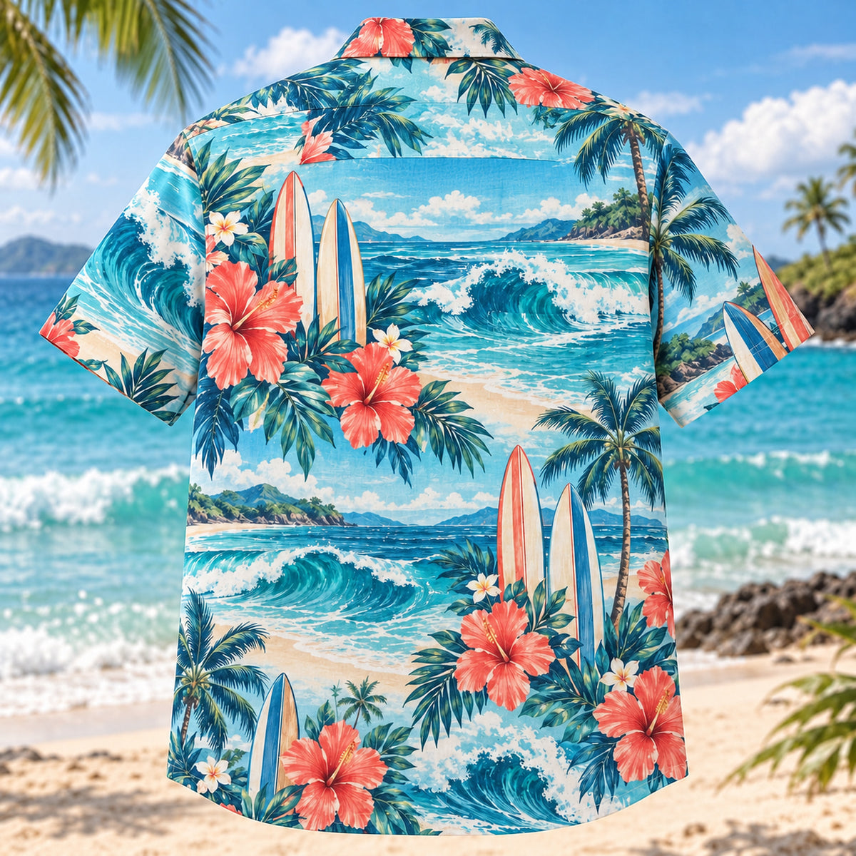 Back view of Hibiscus Surfing Hawaiian Shirt with matching surfing artwork in aqua blue, white, coral, navy