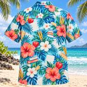 Back view of Hibiscus Teacher Hawaiian Shirt with matching teacher artwork in aqua blue, white, coral, navy
