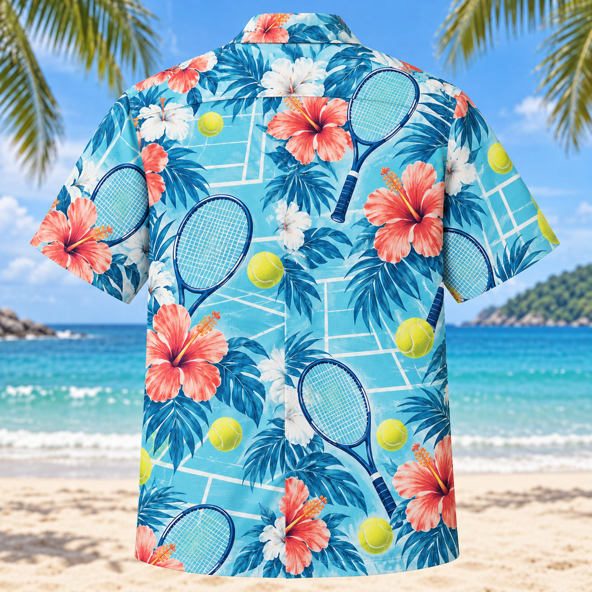 Back view of Hibiscus Tennis Hawaiian Shirt with matching tennis artwork in aqua blue, white, coral, navy