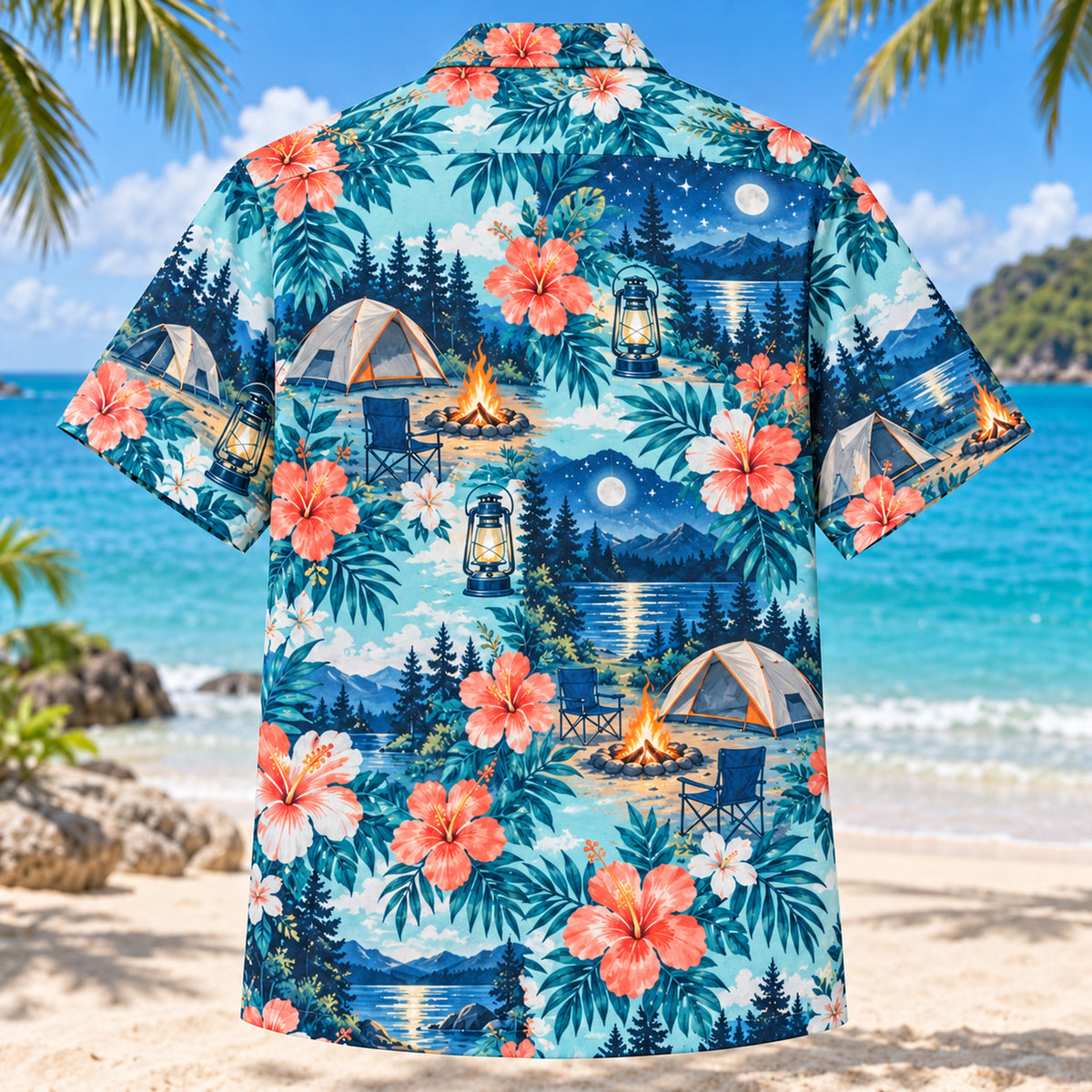 Back view of Hibiscus Tent Camping Hawaiian Shirt with matching tent camping artwork in aqua blue, white, coral, navy