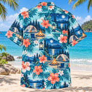 Back view of Hibiscus Tent Camping Hawaiian Shirt with matching tent camping artwork in aqua blue, white, coral, navy
