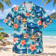 Front view of Hibiscus Tent Camping Hawaiian Shirt with original hibiscus blooms framing generic tents, camp lanterns, campfires, chairs and woodland night skies