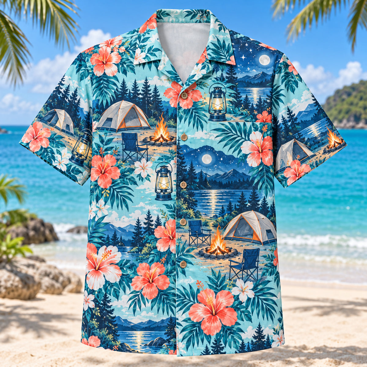 Front view of Hibiscus Tent Camping Hawaiian Shirt with original hibiscus blooms framing generic tents, camp lanterns, campfires, chairs and woodland night skies