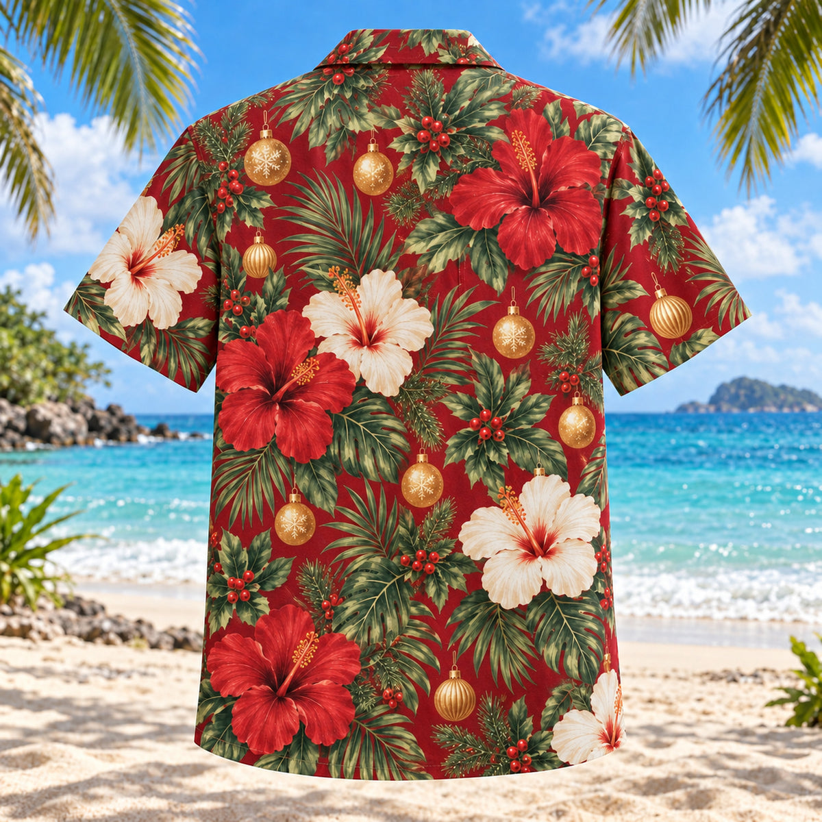 Back view of Holiday Hibiscus Christmas Hawaiian Shirt with matching artwork in ruby, sage, cream