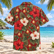 Back view of Holiday Hibiscus Christmas Hawaiian Shirt with matching artwork in ruby, sage, cream