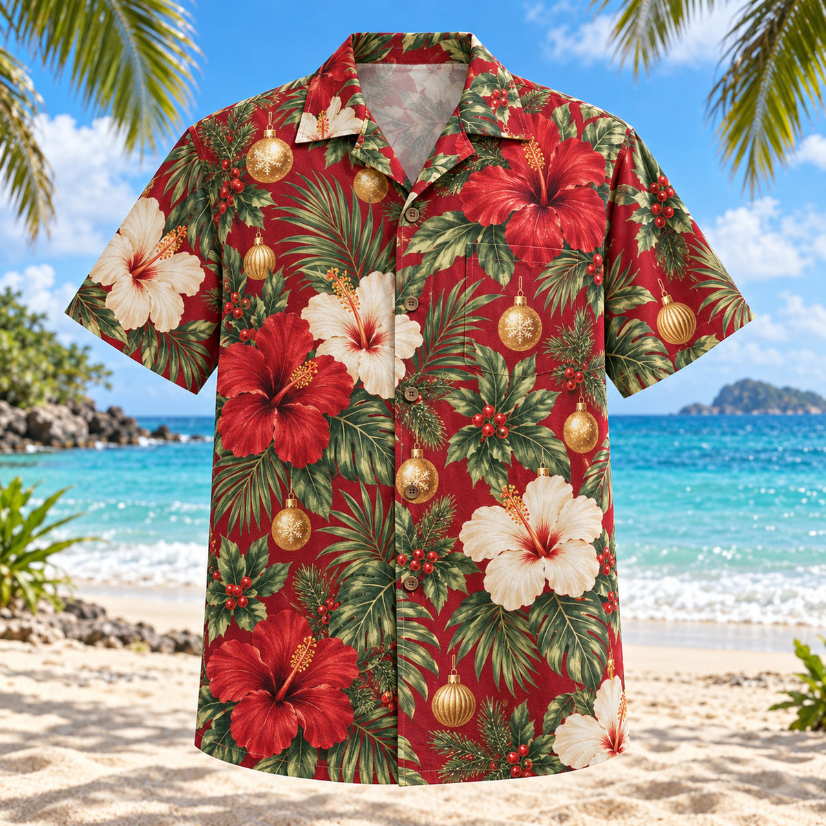 Front view of Holiday Hibiscus Christmas Hawaiian Shirt with hibiscus blooms and small unbranded holiday ornaments