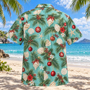 Back view of Holiday Sea Glass Hawaiian Shirt with matching artwork in sea glass, white, cranberry