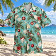 Front view of Holiday Sea Glass Hawaiian Shirt with sea-glass shapes, shells and understated Christmas baubles