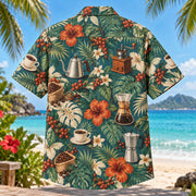 Back view of Home Barista Specialty Coffee Hawaiian Shirt with matching artwork in teal, cream, rust