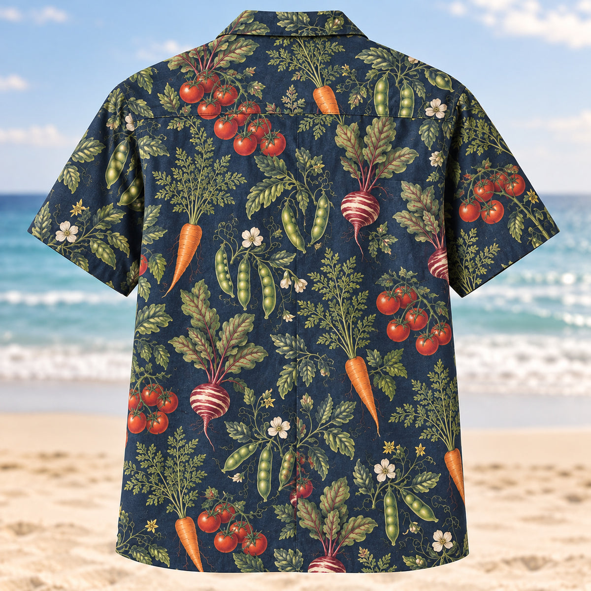 Back view of Home Harvest Hawaiian Shirt with tomatoes, carrots, beets and pea pods