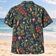 Back view of Home Harvest Hawaiian Shirt with tomatoes, carrots, beets and pea pods