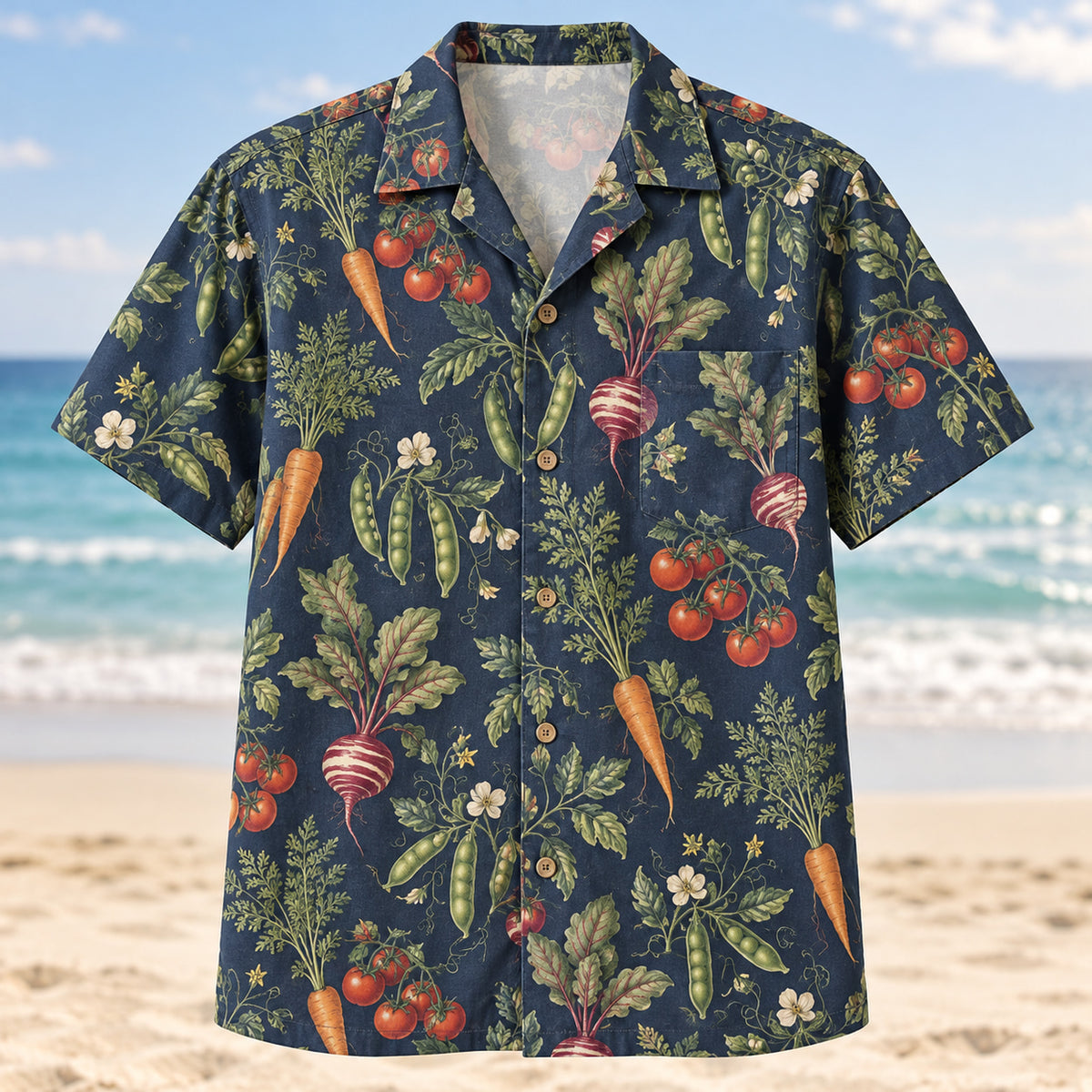 Front view of Home Harvest Hawaiian Shirt with tomatoes, carrots, beets and pea pods